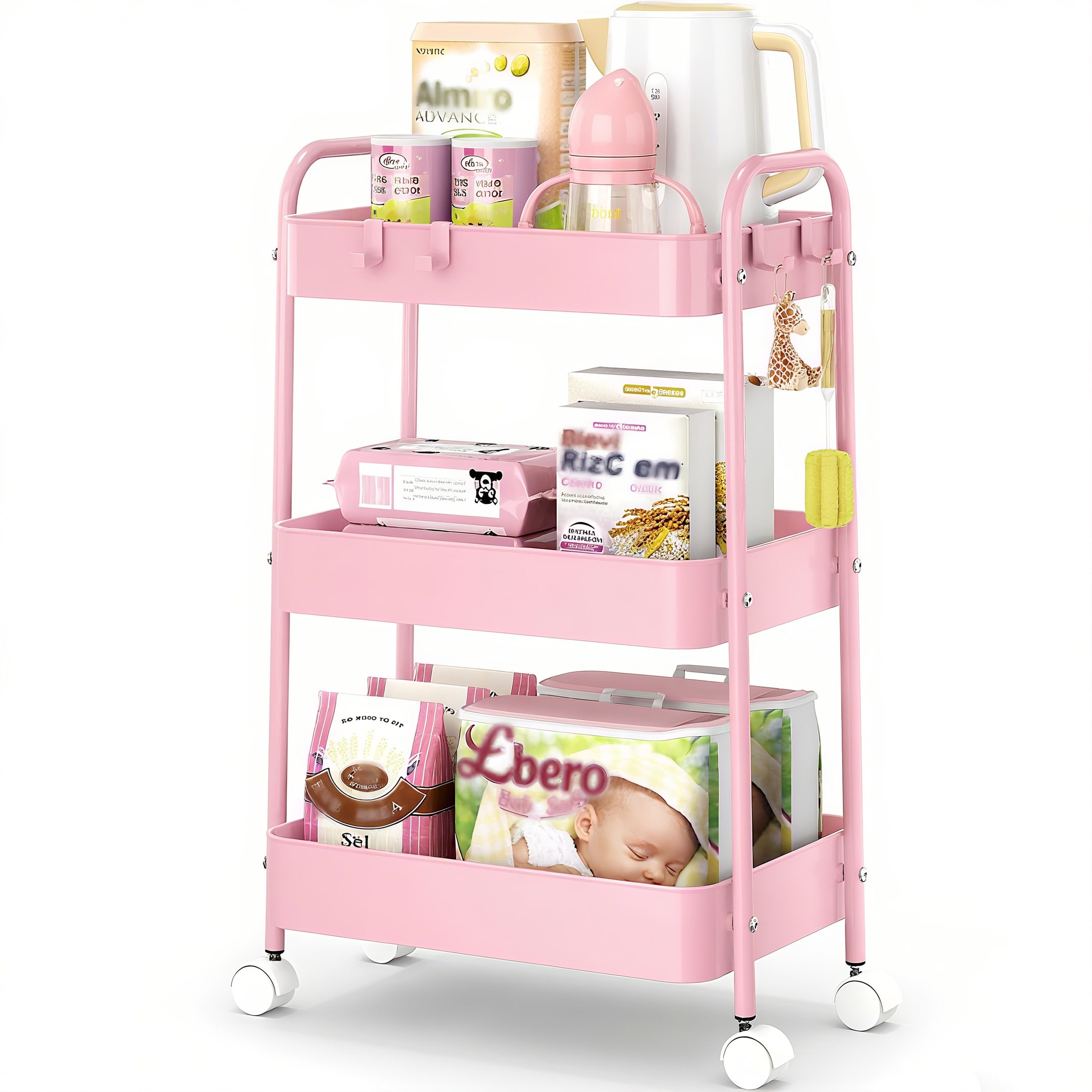 Baby Nursery Trolley - 3-poziomowy metalowy wózek na kółkach, nowoczesny