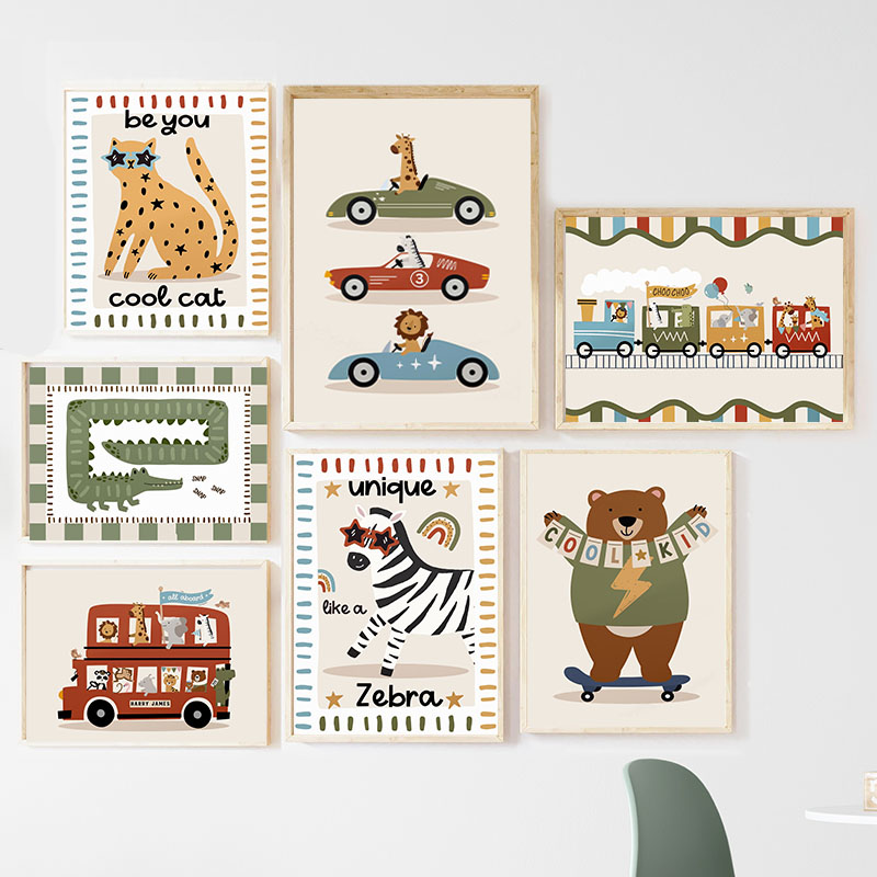 Baby Nursery Posters - Zabawne Kreskówkowe Zwierzęta Samochód Autobus Obraz