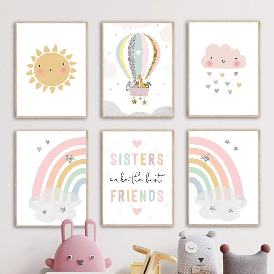 Baby Nursery Posters - Żyrafa Słoń Balon Słońce Tęcza Plakaty