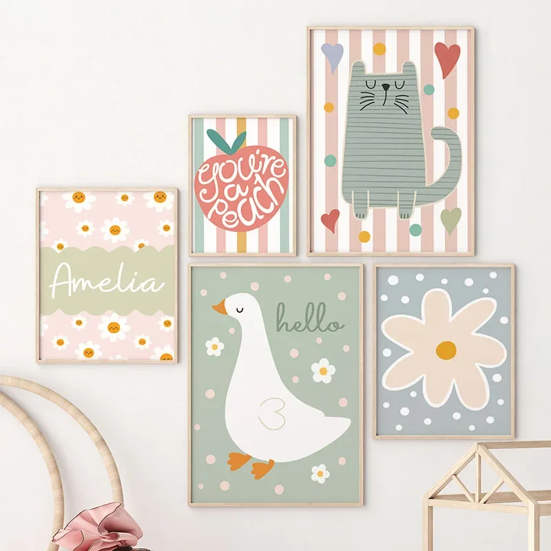 Baby Nursery Posters - Kreskówkowy Kot Kaczka Ptak Jabłko Personalizowane