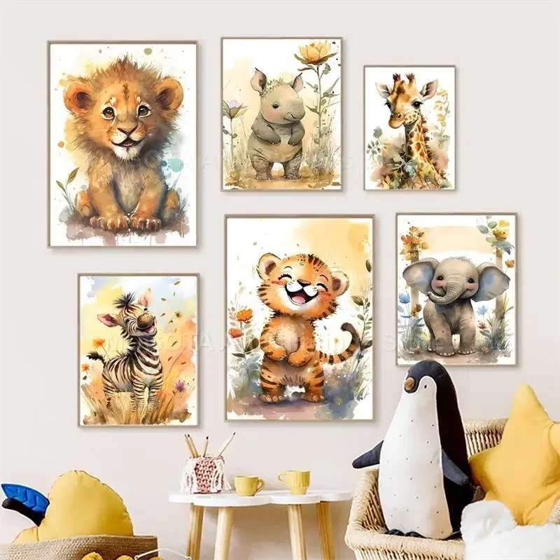 Baby Nursery Posters - Akwarelowe Lwy Żyrafy Tygrysy Słonie Zebry