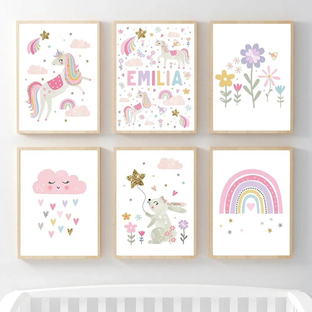 Baby Nursery Posters - Różowy Jednorożec Królik Tęcza Chmura Kwiaty