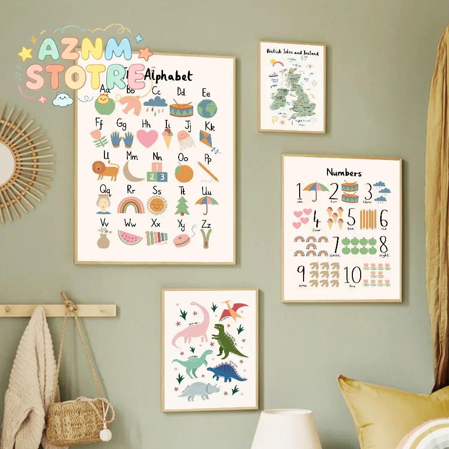 Baby Nursery Posters - Mapa świata zwierząt, dinozaury, alfabet, cyfry